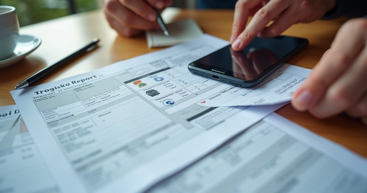 Documentação de carro usada sendo analisada em uma mesa de madeira 