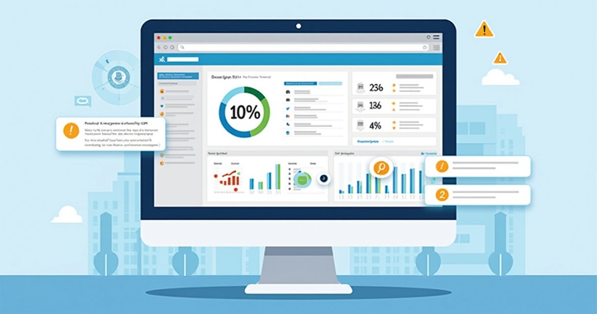A digital dashboard showing maintenance status and warning icons on contract management software