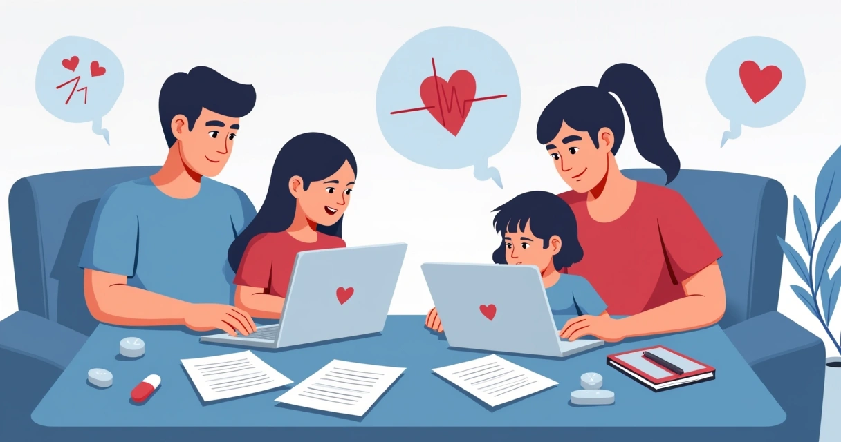 Família discutindo gastos médicos elevados ao lado de uma planilha aberta em um notebook. 