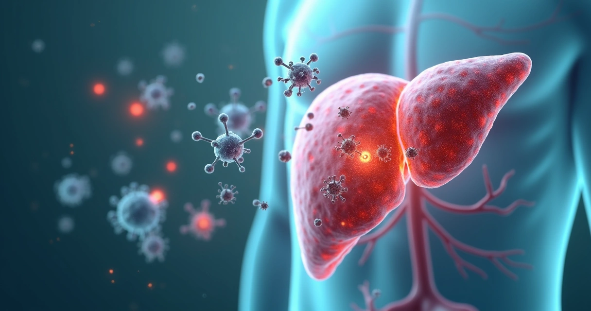 Ilustração realista de fígado com sistema imunológico atacando tecido saudável 