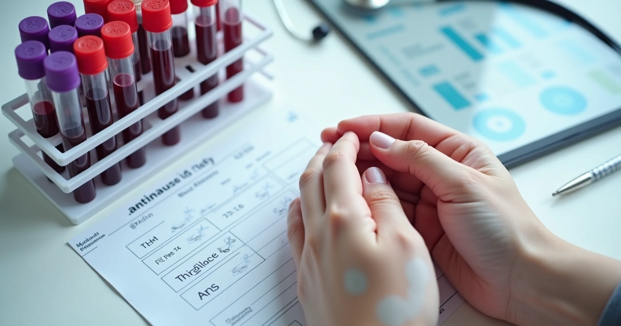 Mãos com vitiligo apoiadas ao lado de tubos de exame de sangue e formulário de check-up clínico 