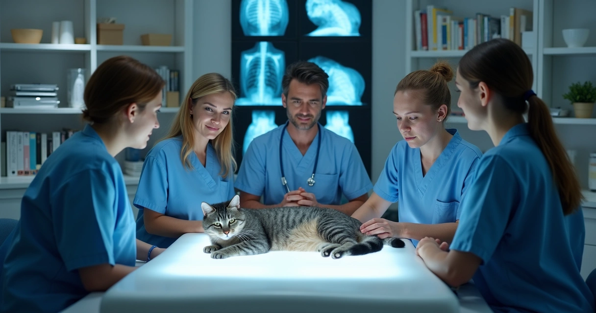 Equipe veterinária analisando exames de gato em consultório 