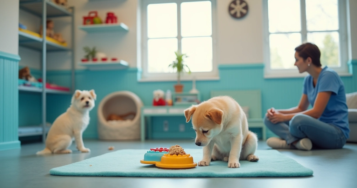 Dog using a puzzle feeder while another dog watches 