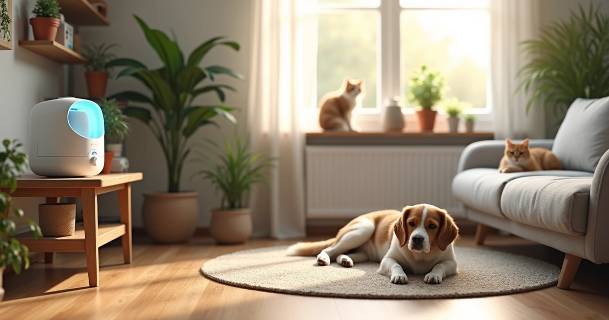 Dog and cat resting calmly in a living room with air purifier and allergy-friendly plants
