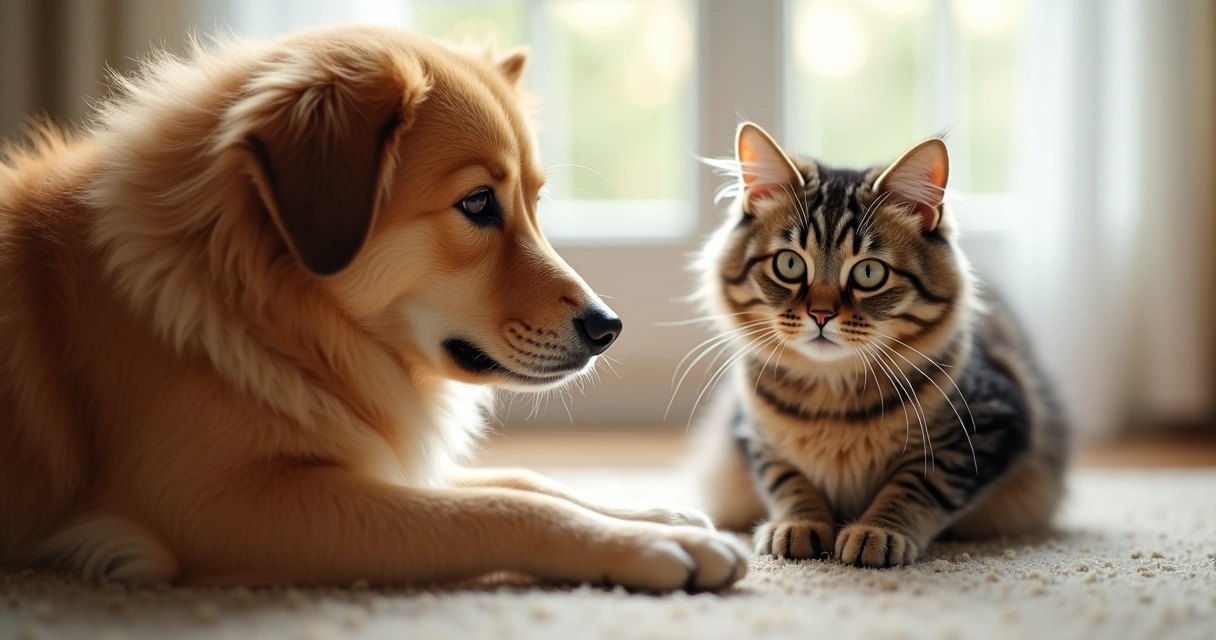 Close-up of a dog and a cat showing areas of overgroomed fur in a bright indoor setting