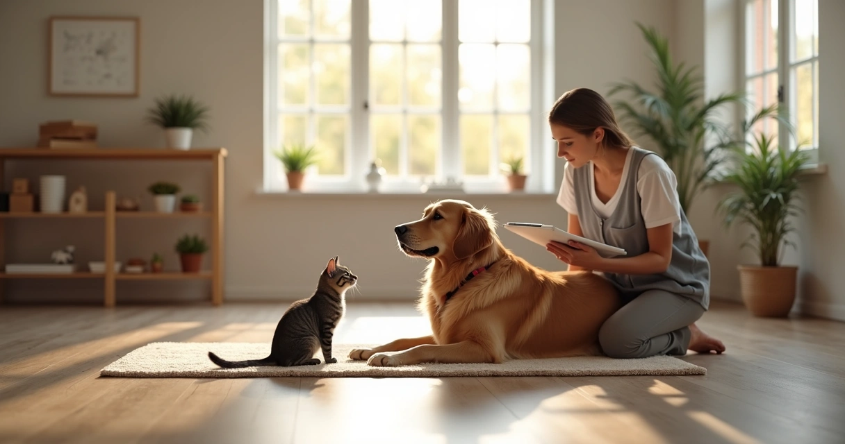 Dog and cat calmly interacting in a bright cozy room with a trainer observing closely 