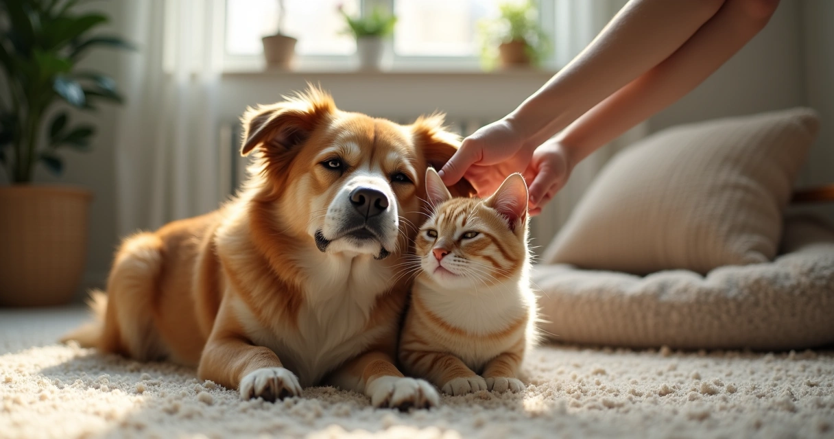Dog and cat resting calmly beside a person with comforting hand on dog 