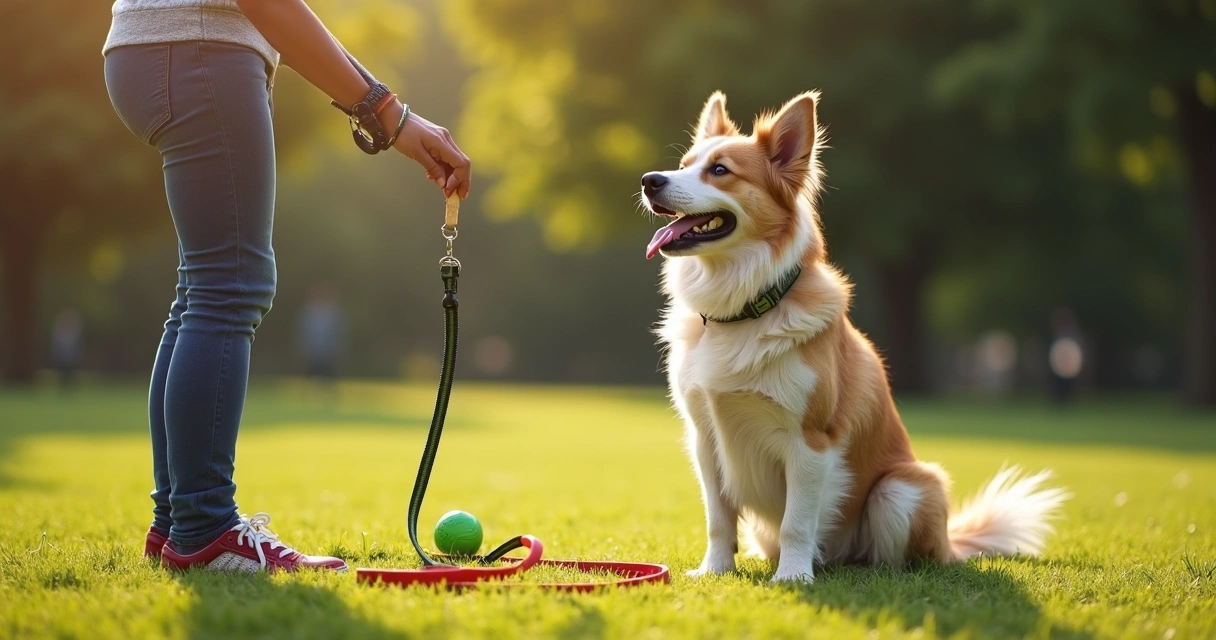 Owner training a dog with treats and toys