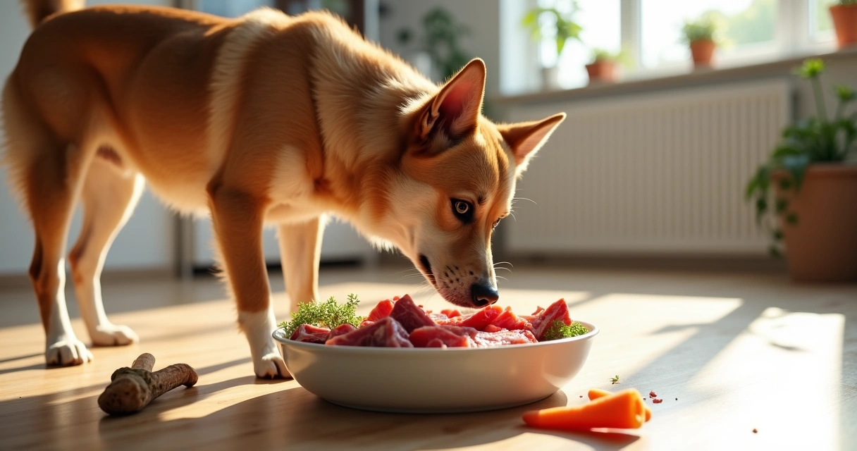 Dog sniffing a bowl of raw meat and vegetables on a kitchen counter 