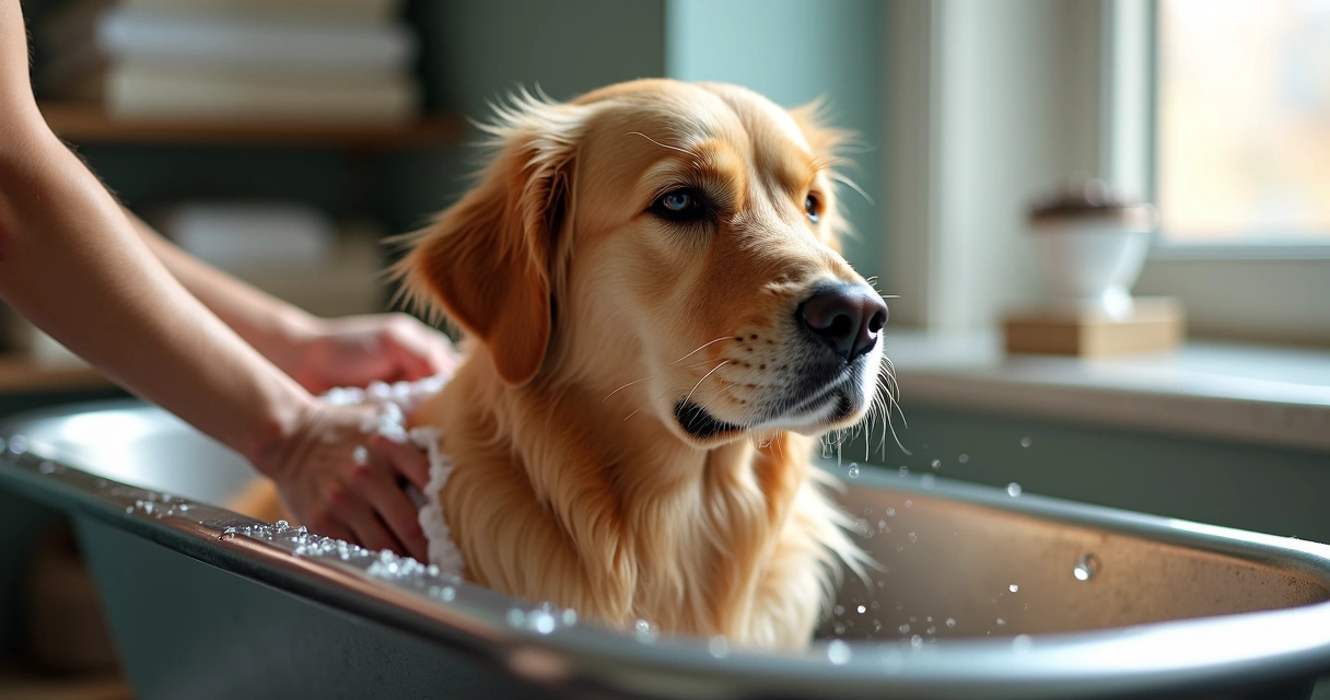 Dog in a stainless tub getting shampooed by a groomer’s hands.