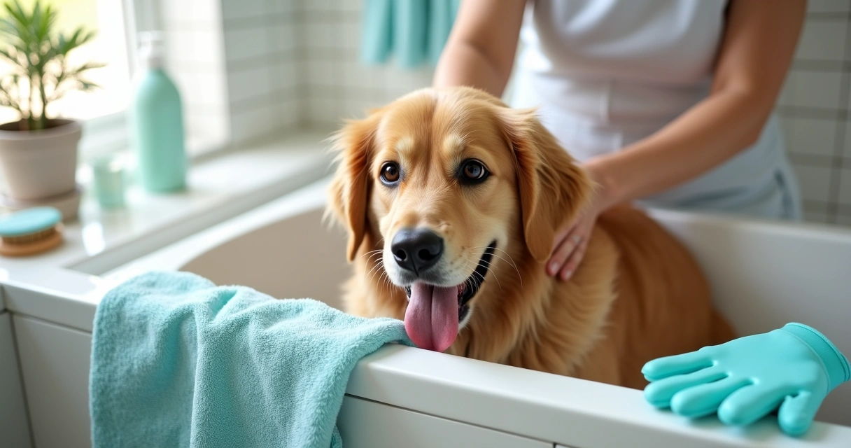 Dog in bath with grooming supplies nearby