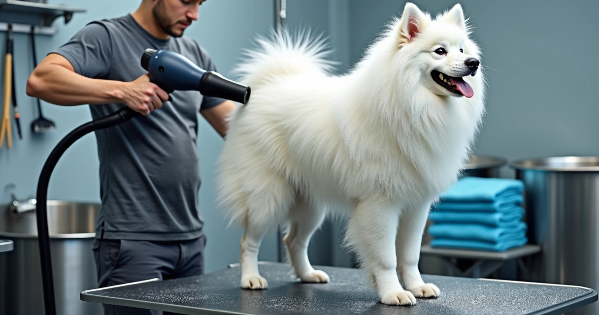 Groomer blow-drying a wet double coat.