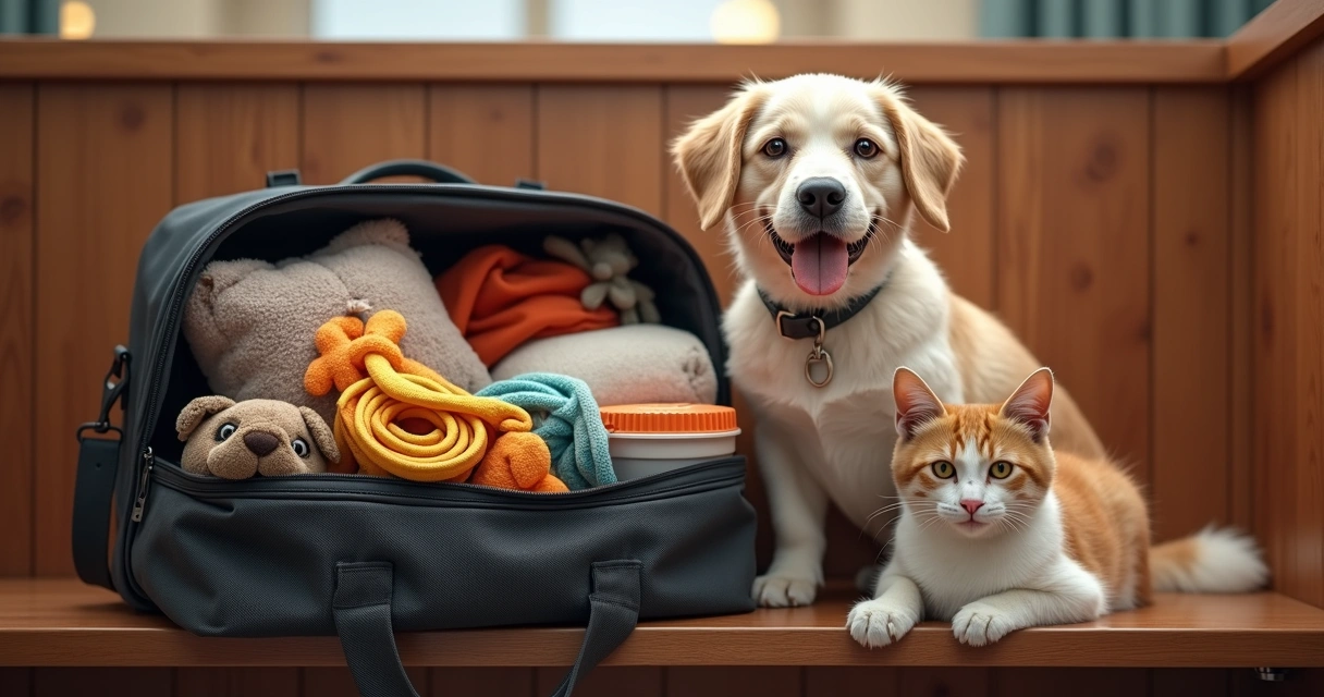 Open pet travel bag on a bench with dog and cat items, including food container, leash, blanket, toy, grooming kit