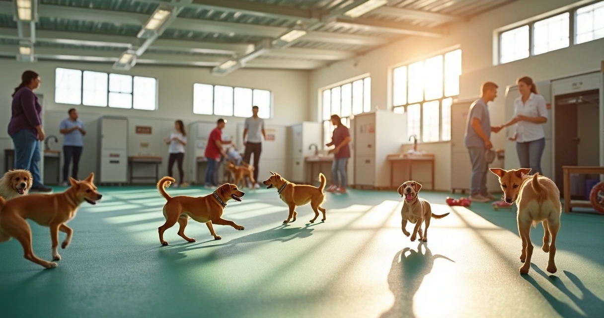 Dogs playing in a modern pet boarding facility