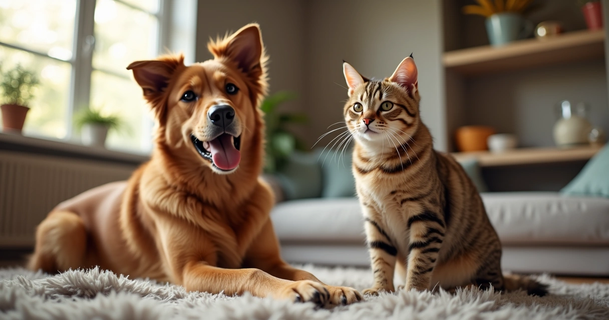 Dog and cat in separate boarding environments, one in a cozy home setting and the other in a spacious daycare facility