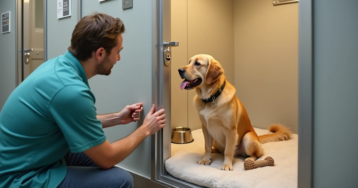Dog in a cozy boarding suite with staff giving a treat 