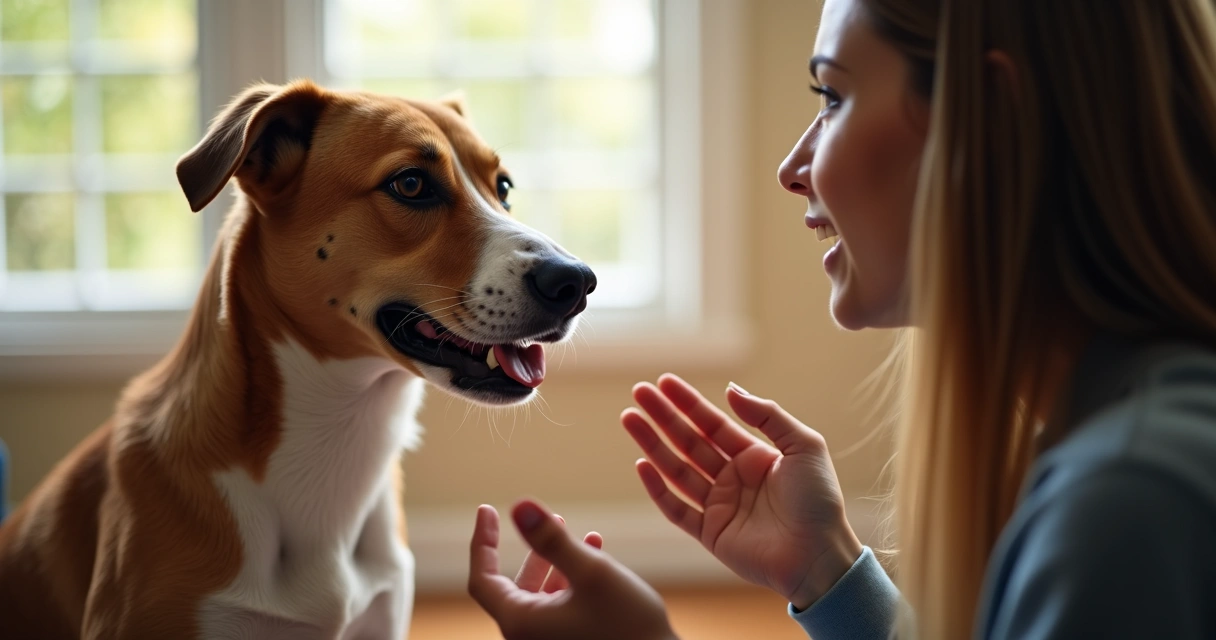 Dog sitting attentively with open mouth near person speaking, showing relaxed ears and wagging tail