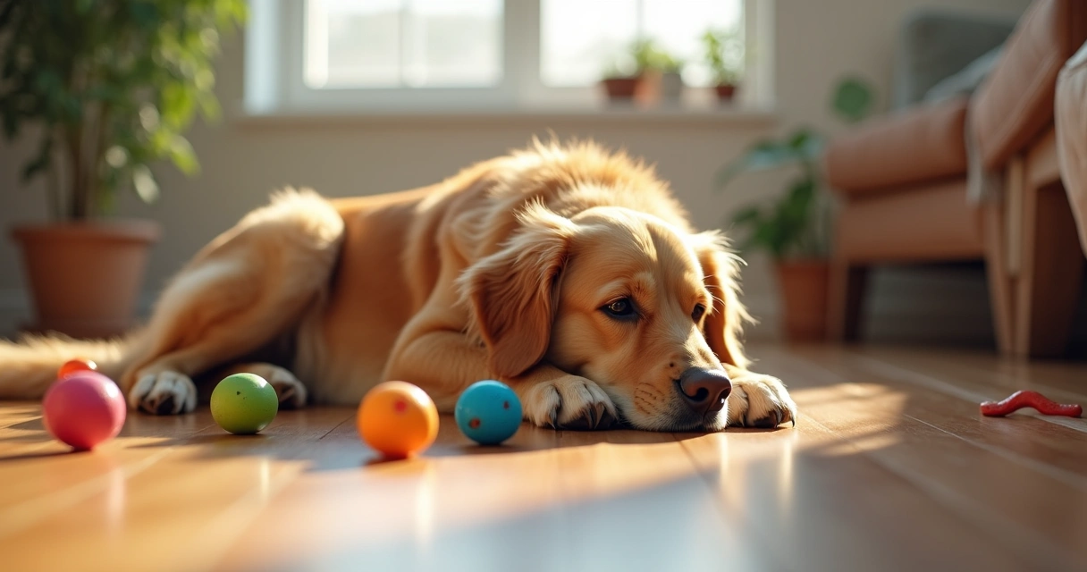 Golden retriever laying on wooden floor looking bored next to scattered toys indoors with natural sunlight