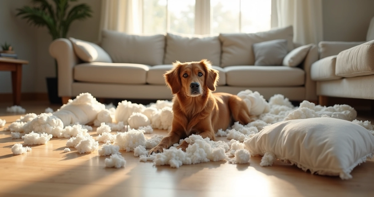 Dog chewing on a couch cushion, fabric scattered on the floor. 