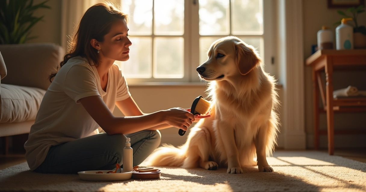 Owner brushing dog's fur at home