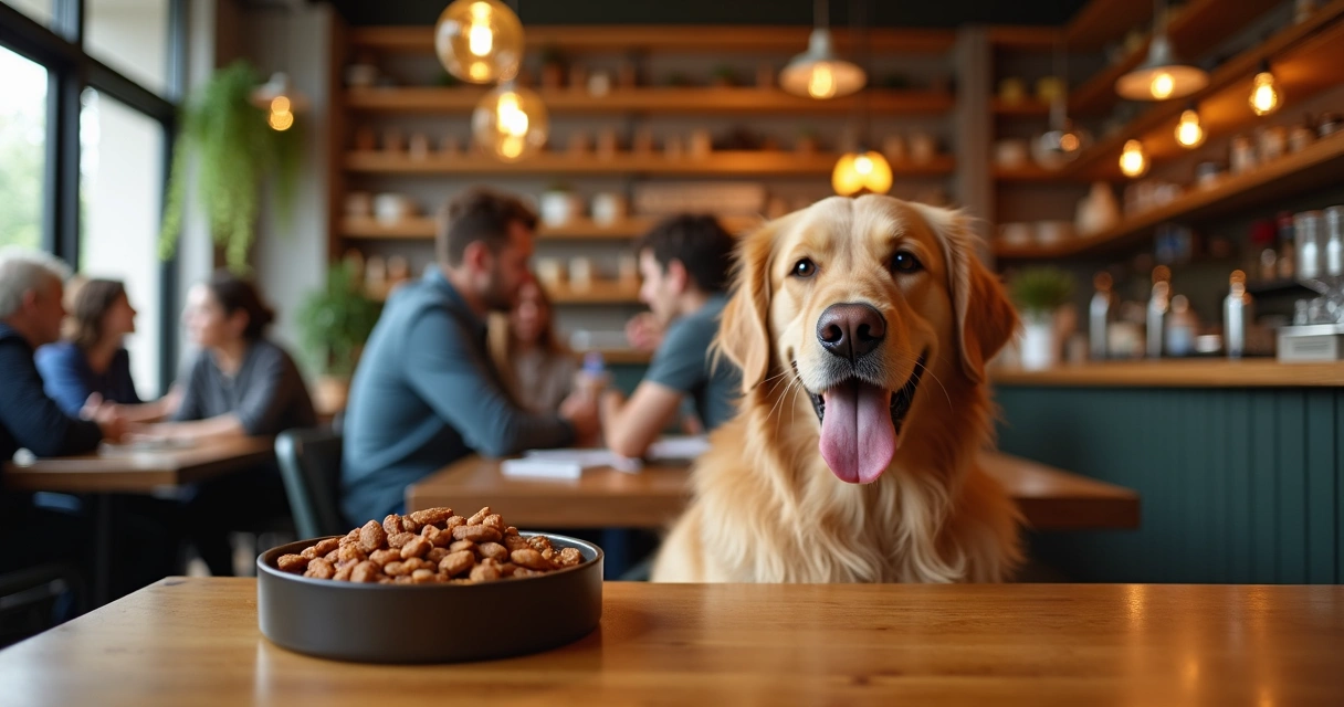 Cachorro sentado ao lado de tigela de comida natural em restaurante pet friendly
