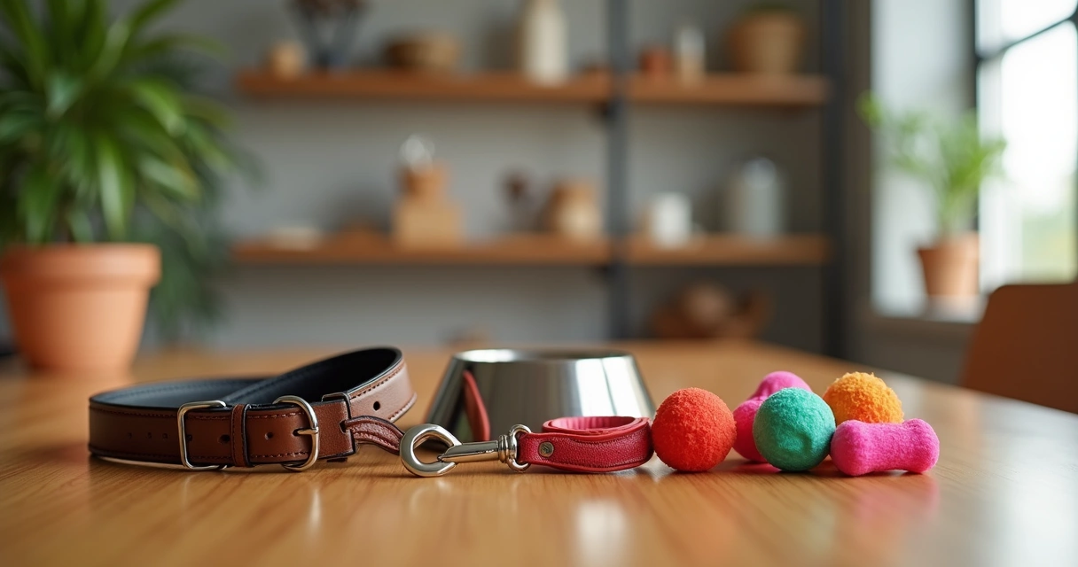 Collar, leash, dog food bowl, and toys neatly arranged on a clean wooden table 