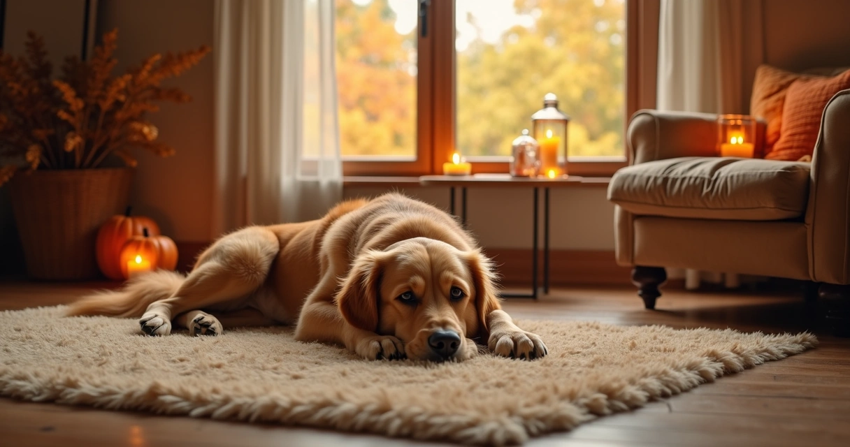 Cachorro deitado em sala aconchegante decorada para o outono 