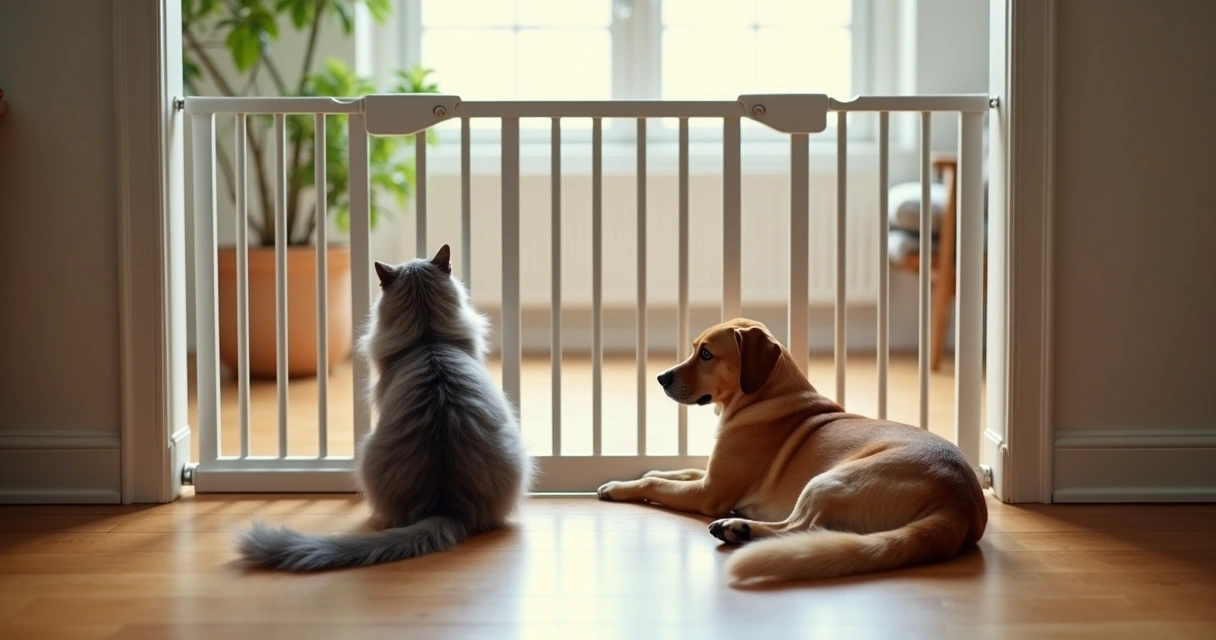 Dog and cat separated by baby gate, calmly observing each other 