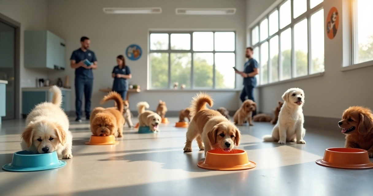 Dogs and cats eating in a supervised boarding facility