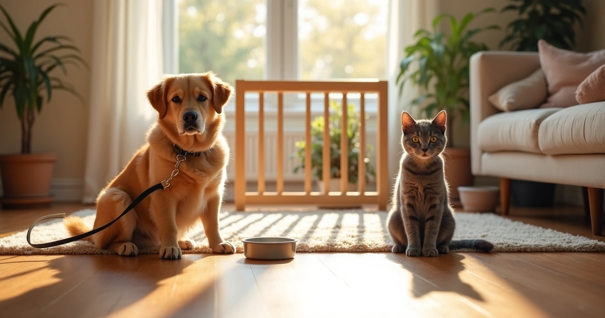 Dog and cat meet through a baby gate 