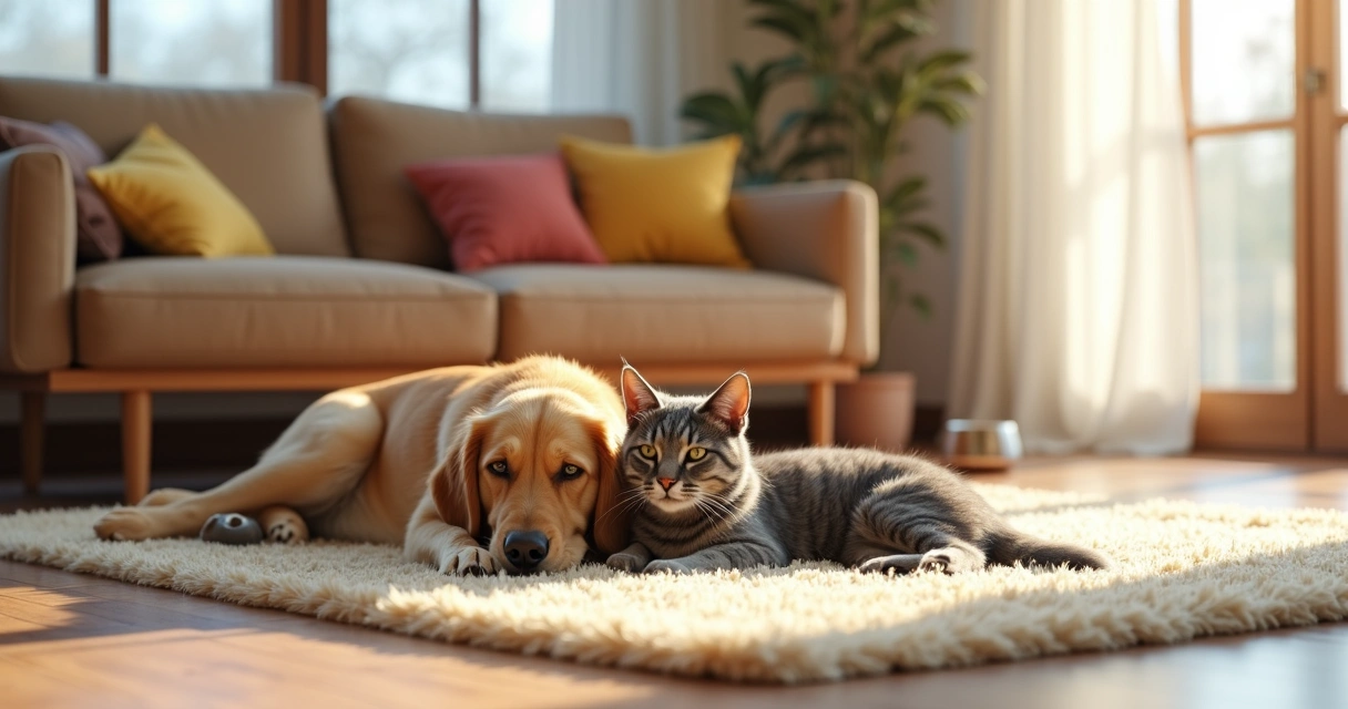Dog and cat resting calmly together indoors 