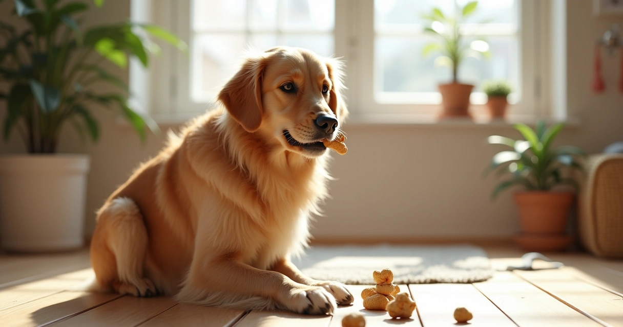 Golden retriever chewing on a hypoallergenic dog chew in a bright indoor setting