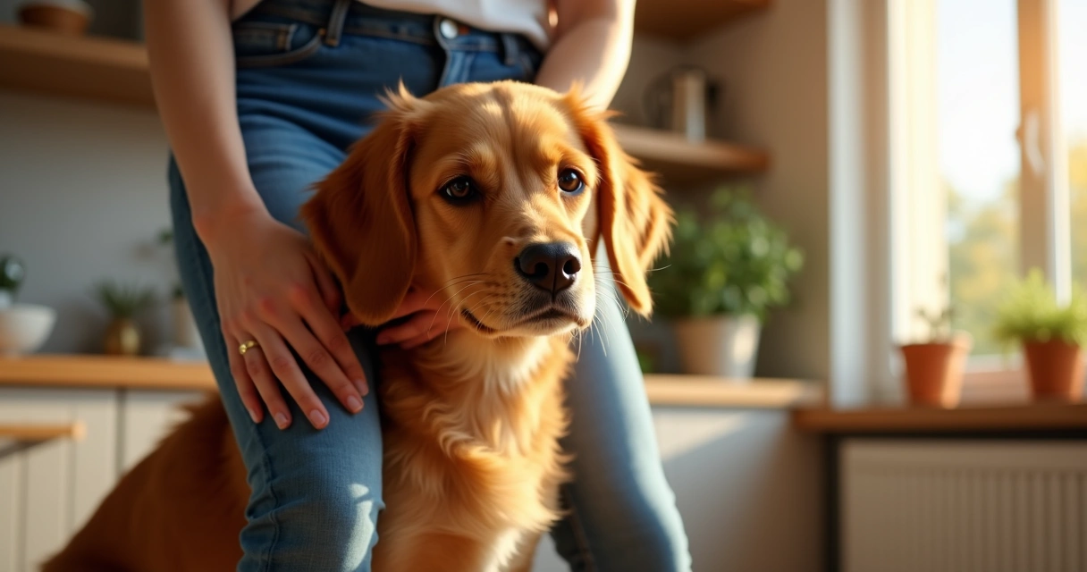 Dog leaning against owner's legs