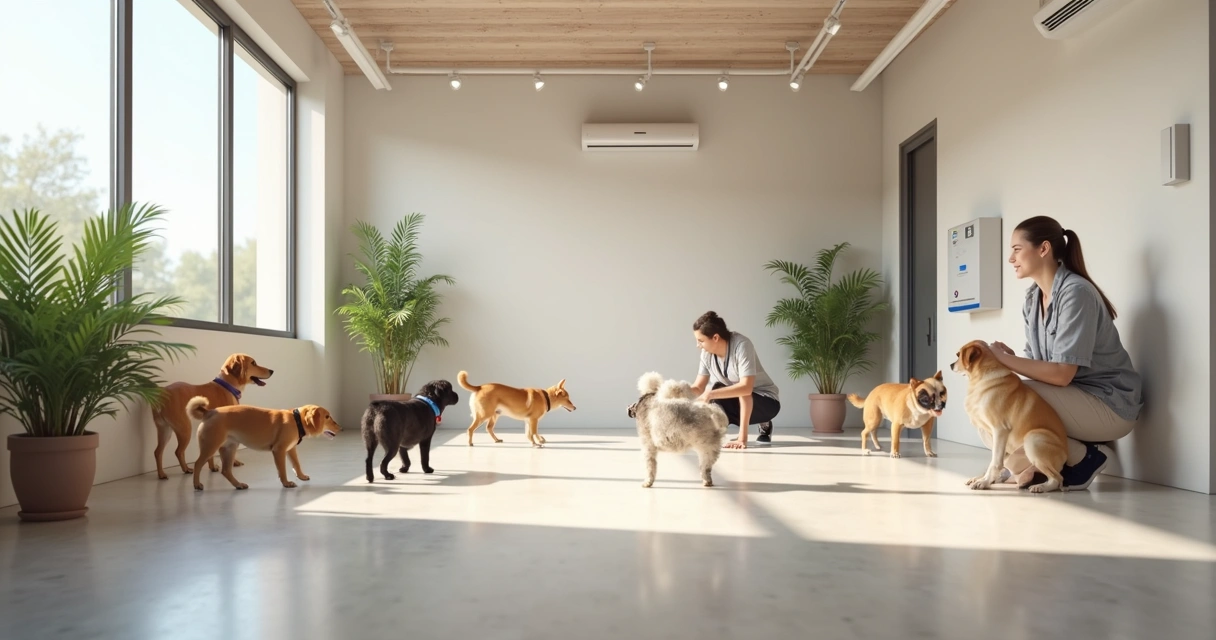 Dog daycare indoor playroom with visible air purifiers and clean bright space 