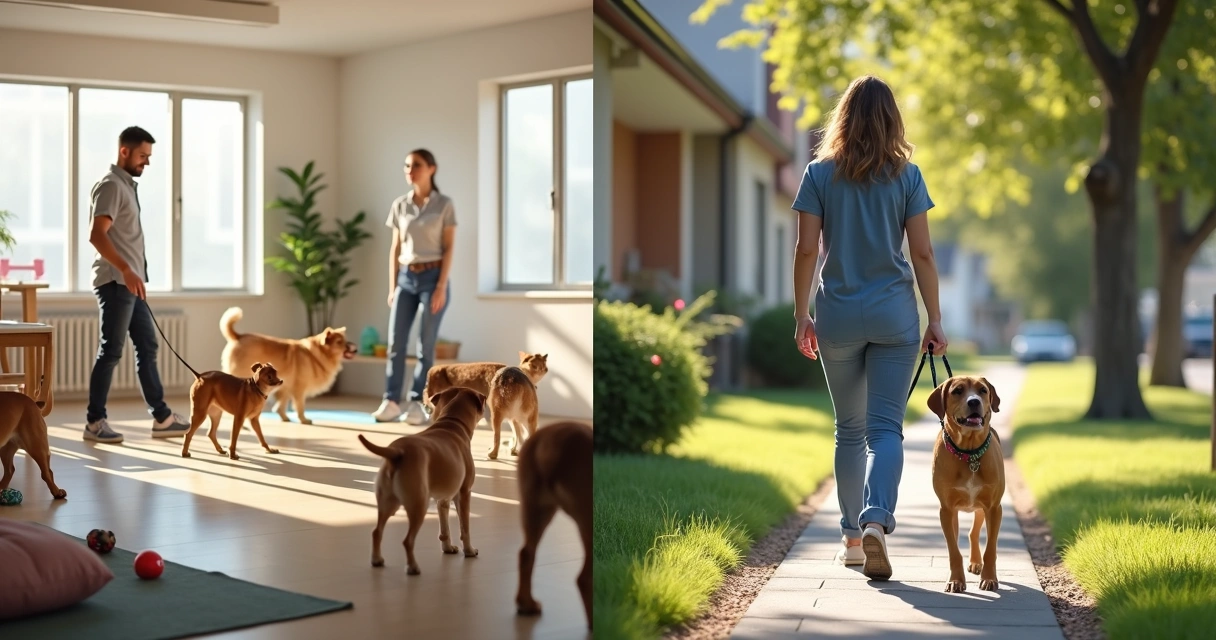 Dog playing with other dogs at daycare and pet sitter walking a dog outdoors 