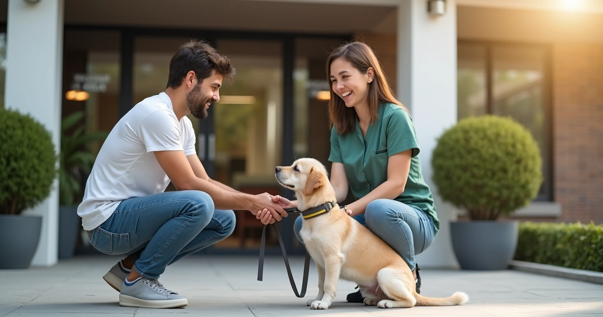Pet owner handing over a small dog to daycare staff at facility entrance