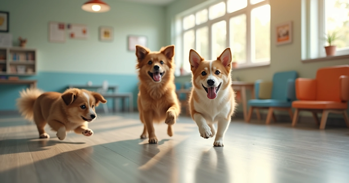 High-energy dogs playing together in a bright, spacious daycare facility with supervised, safe environment