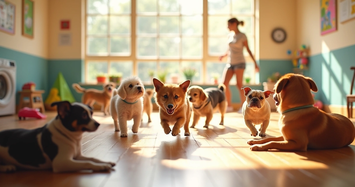 Group of dogs in active play at daycare with some dogs resting on the edges