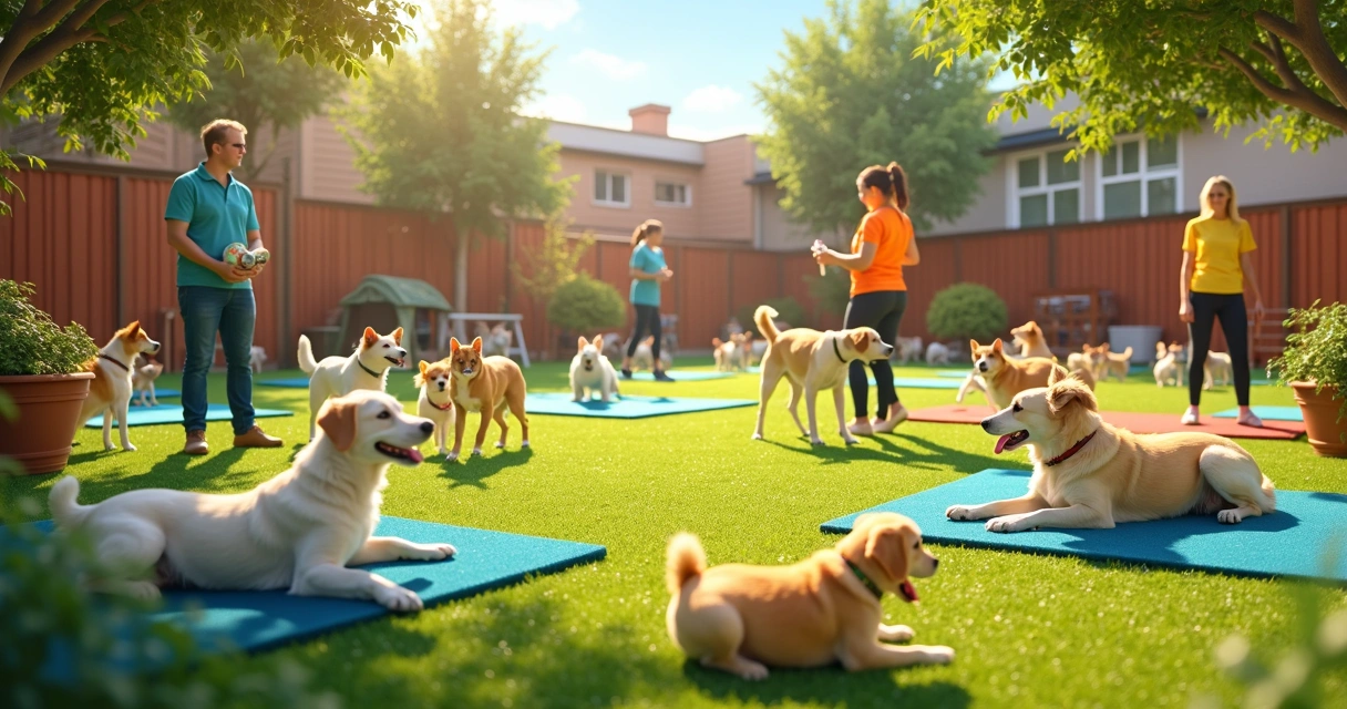 Dogs playing in a supervised daycare yard 