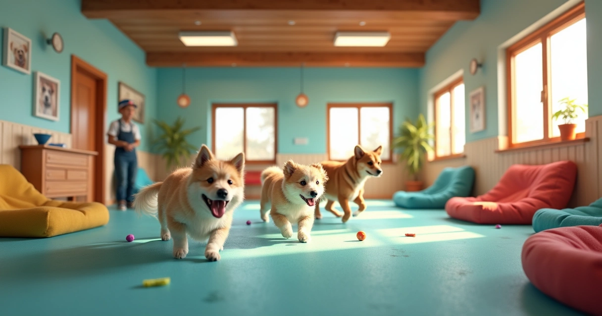 High-energy dogs playing in a spacious indoor daycare facility with toys and cozy rest corners.