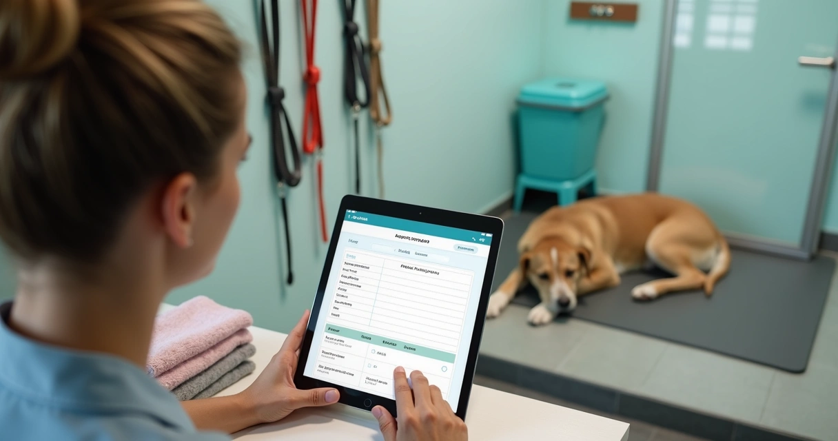 Staff member creating a digital dog daycare report card
