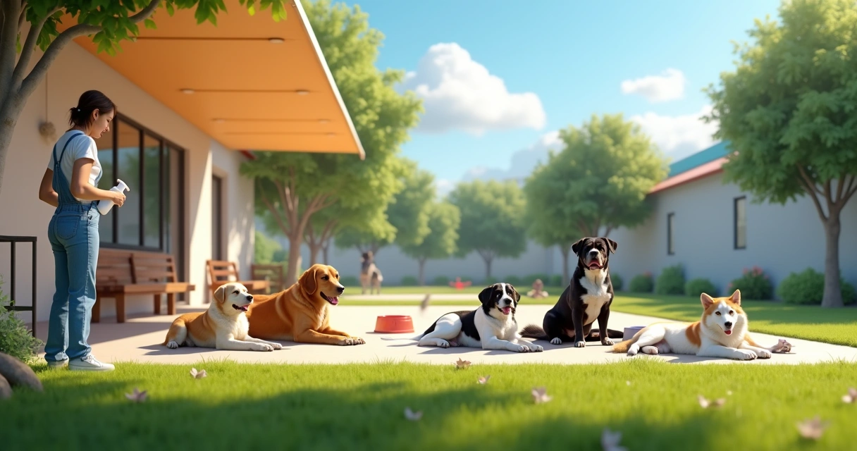 Dogs resting in a shaded outdoor area at daycare with water bowls and a caregiver nearby 