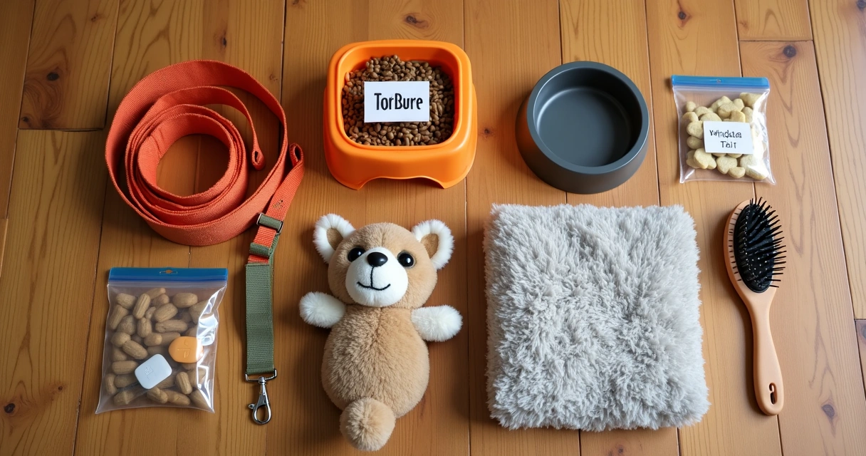 Dog supplies ready for daycare on wooden floor