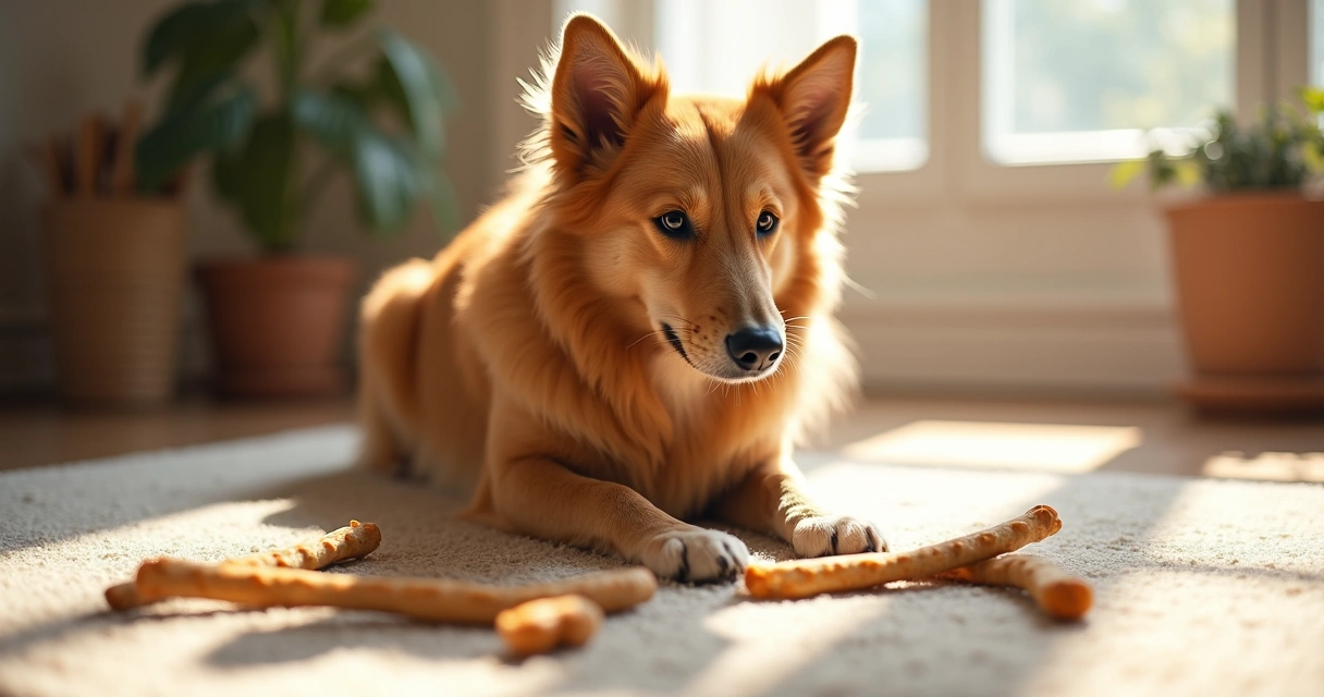 Dog resting near different dog chews, including dental sticks and natural options on a light rug