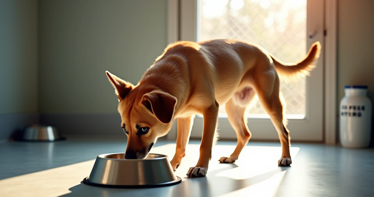 Dog drinking from stainless bowl in indoor kennel 