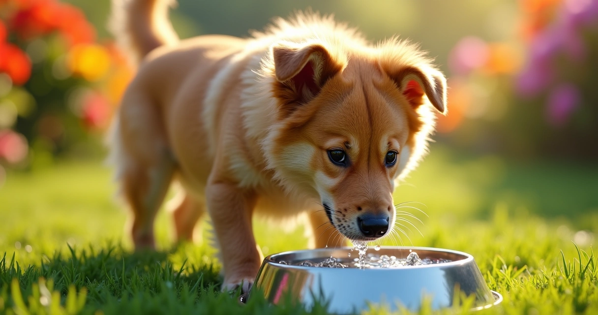 Dog drinking water from a bowl outdoors on a sunny day 
