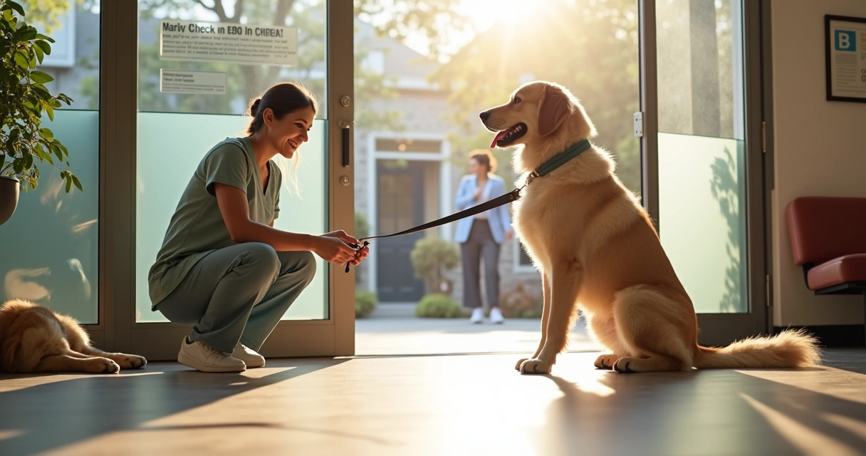 Dog being handed over to staff at pet care facility entrance