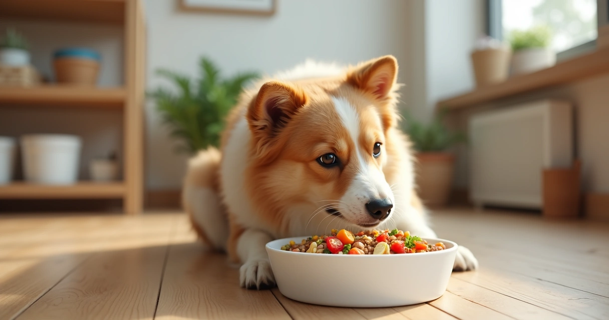 Dog eating a nutritious balanced meal in a clean bowl indoors 