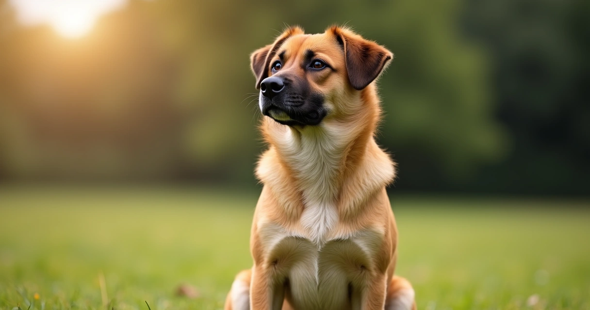 Medium-sized tan dog sitting outdoors with ears perked and tail relaxed 