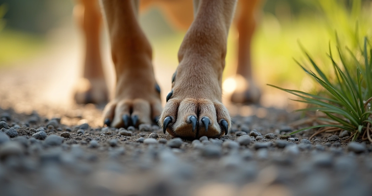 Dog's paws walking on a gravel surface 